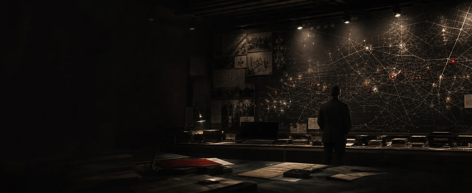 A lone Directorate official facing a vast map of London signals and routes.
